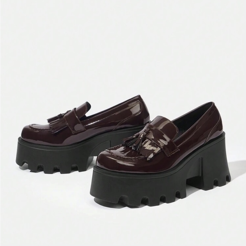 Chunky Burgundy Brown Black Patent Platform Tassel Penny Loafers lug sole US8